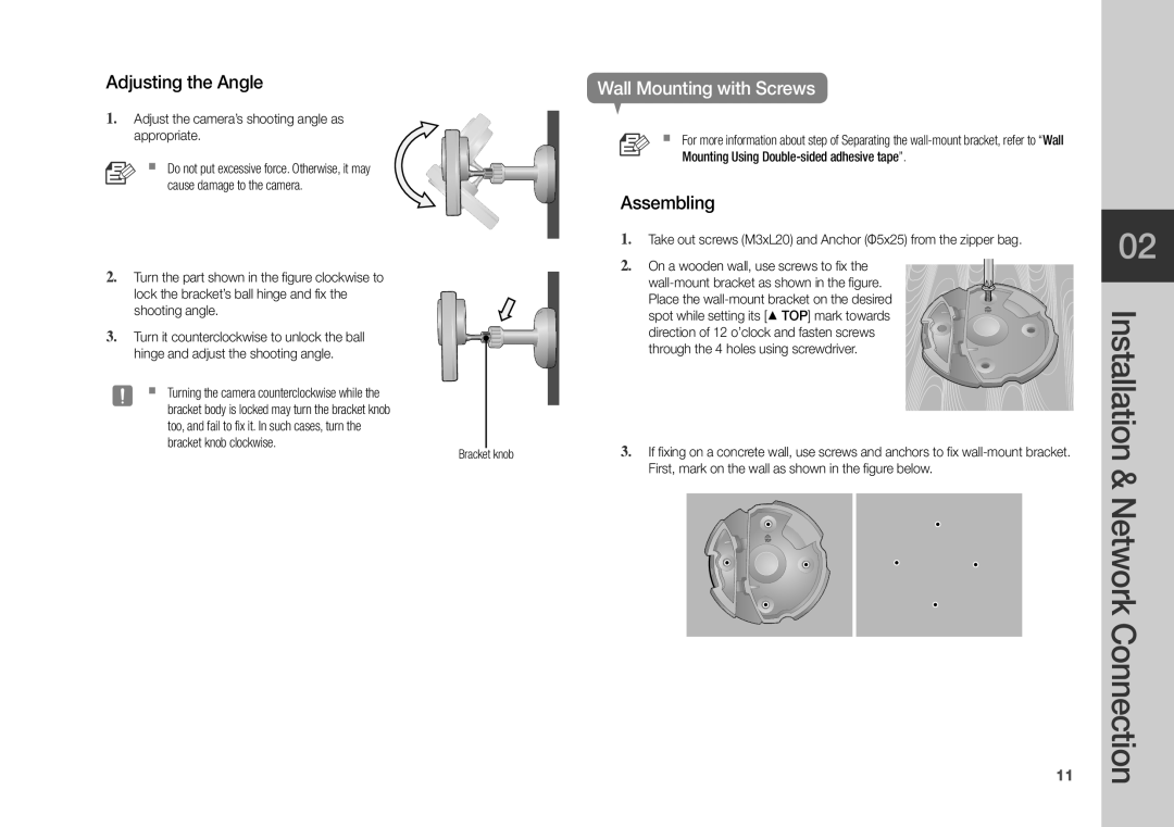 Samsung SNH-1011ND user manual Adjusting the Angle, Wall Mounting with Screws 