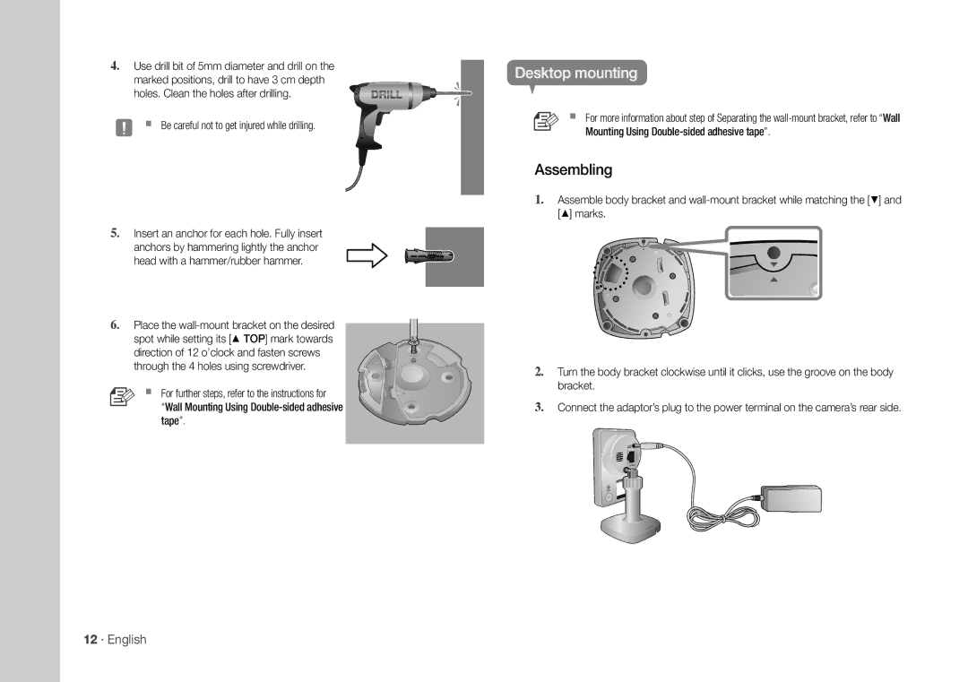 Samsung SNH-1011ND user manual Desktop mounting, 12 · English, ` Be careful not to get injured while drilling, Tape 