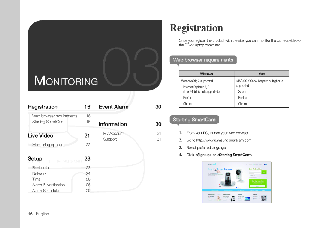 Samsung SNH-1011ND user manual Registration, Web browser requirements, Starting SmartCam, 16 · English 