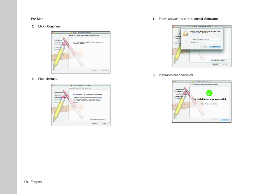 Samsung SNH-1011ND user manual 18 · English, For Mac, Click Continue Installation has completed Click Install 