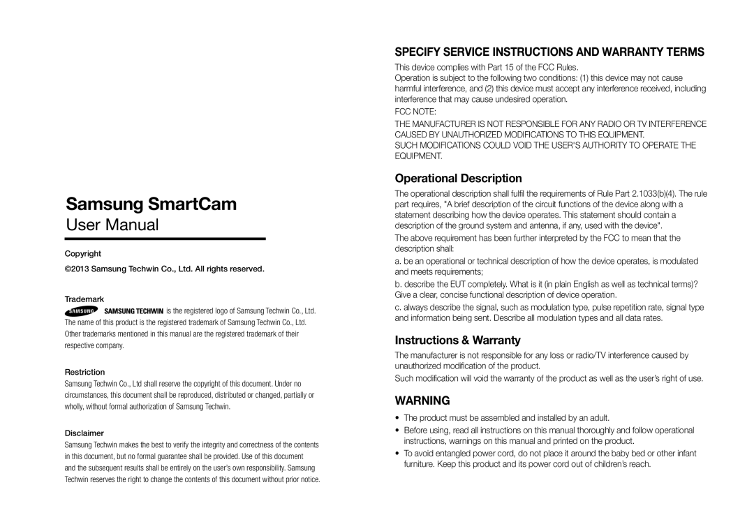 Samsung SNH-1011ND user manual Samsung SmartCam, Copyright Trademark Restriction Disclaimer 