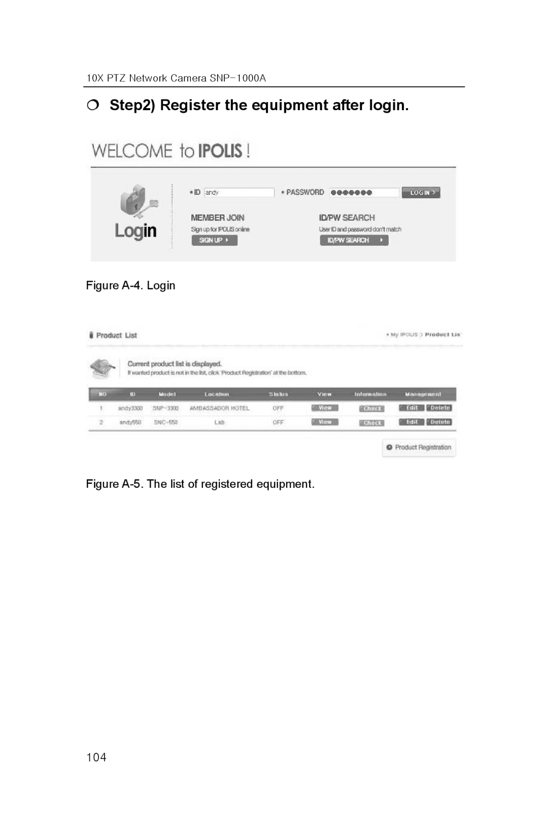 Samsung SNP-1000A user manual € Register the equipment after login, Figure A-4. Login 