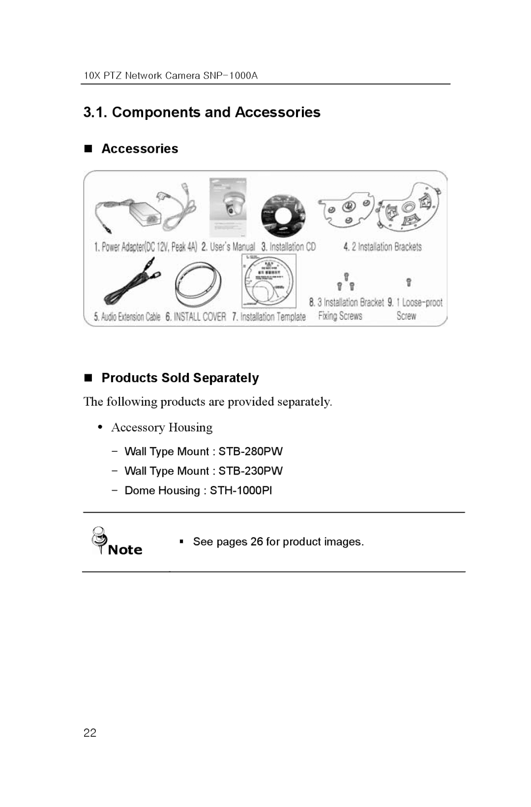 Samsung SNP-1000A user manual Components and Accessories, „ Accessories „ Products Sold Separately 