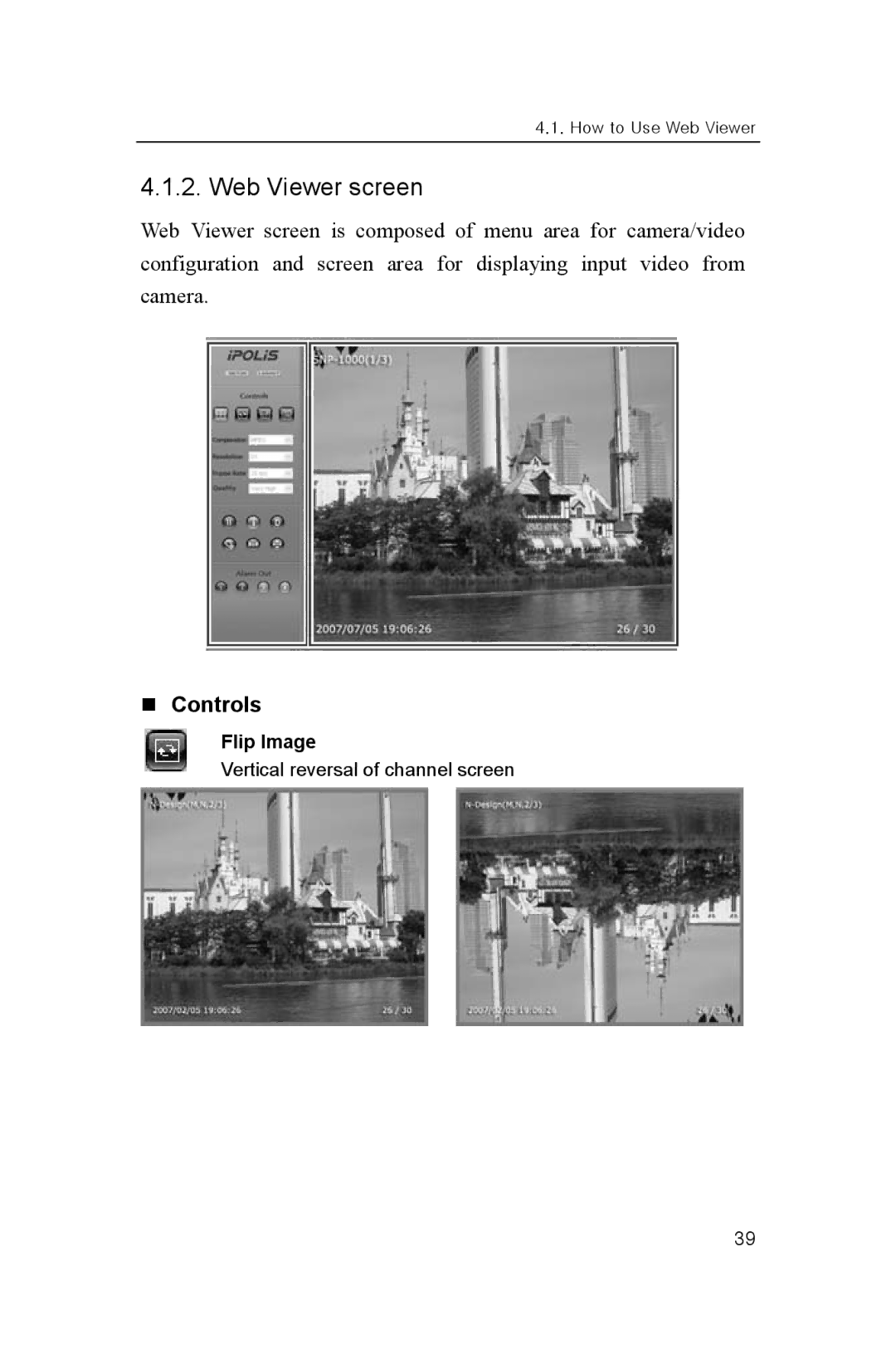 Samsung SNP-1000A user manual Web Viewer screen, „ Controls, Flip Image 