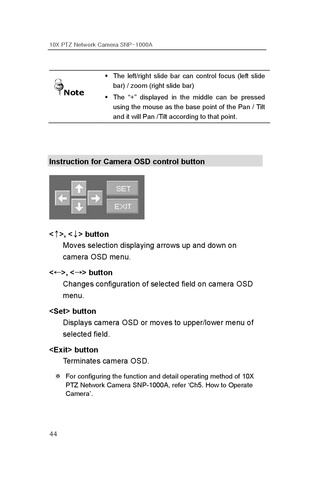 Samsung SNP-1000A user manual Instruction for Camera OSD control button ↑, ↓ button, ←, → button, Set button, Exit button 