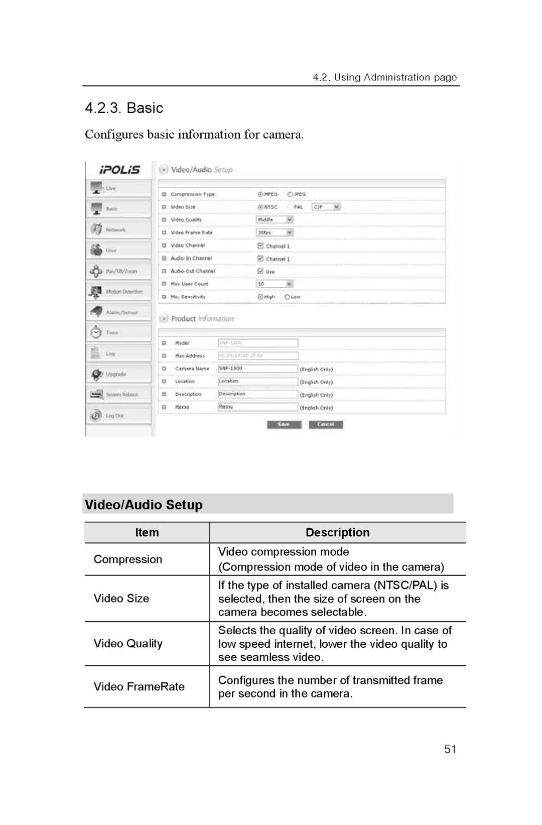 Samsung SNP-1000A user manual Basic, Video/Audio Setup 