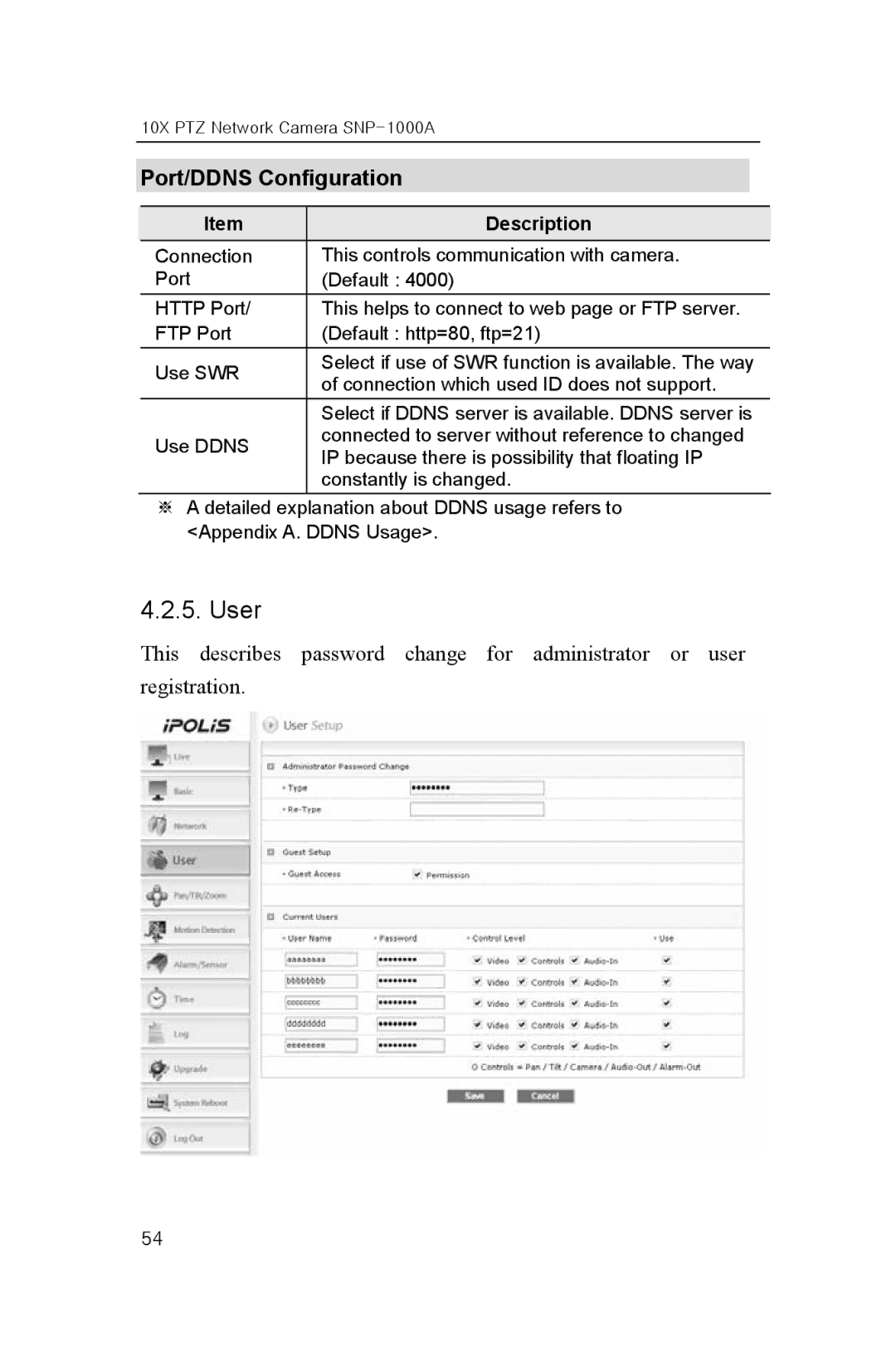 Samsung SNP-1000A user manual User, Port/DDNS Configuration 