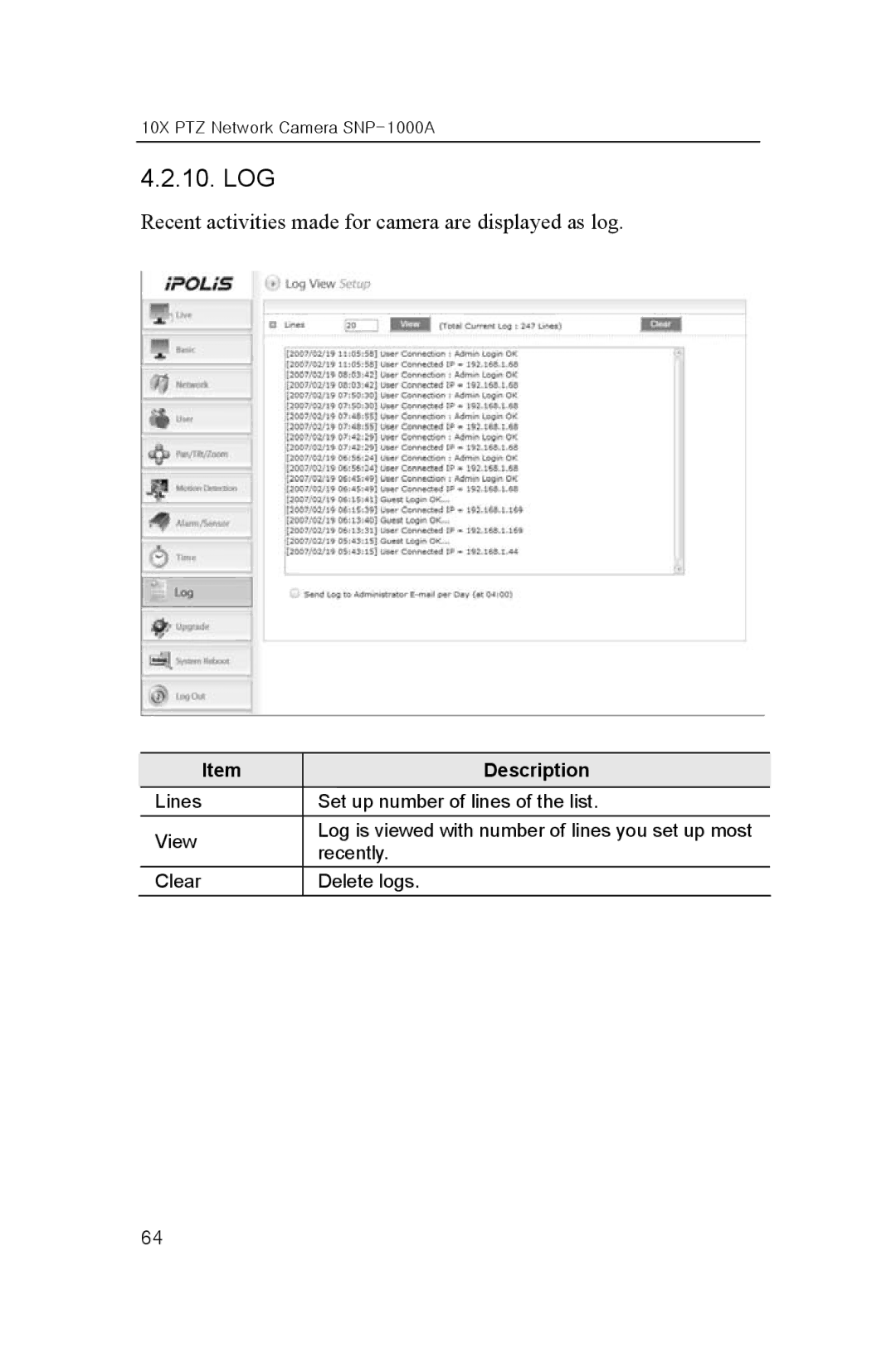 Samsung SNP-1000A user manual Log, Recent activities made for camera are displayed as log 