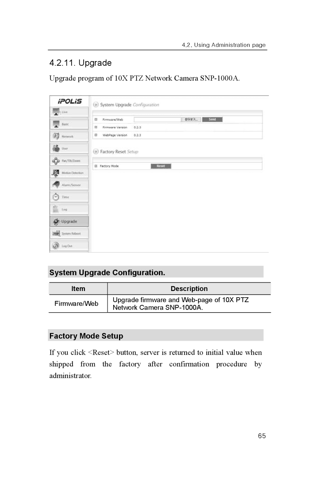 Samsung SNP-1000A user manual System Upgrade Configuration, Factory Mode Setup 