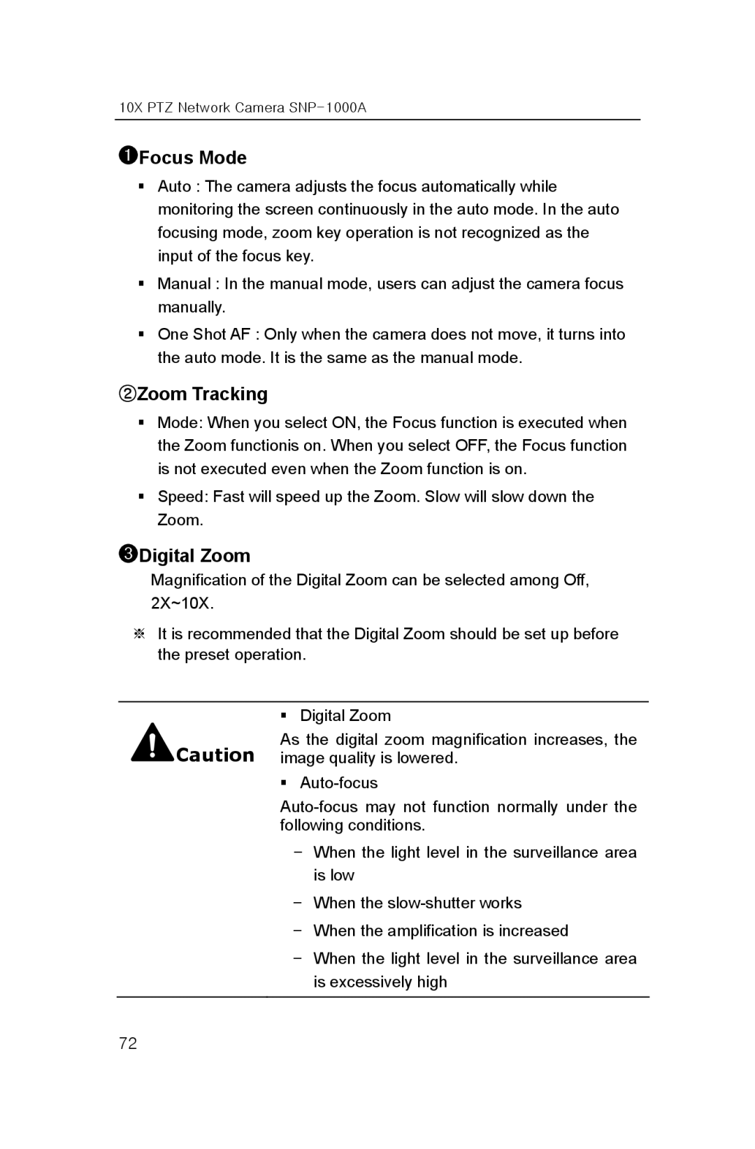 Samsung SNP-1000A user manual ➊Focus Mode, ②Zoom Tracking, ➌Digital Zoom 