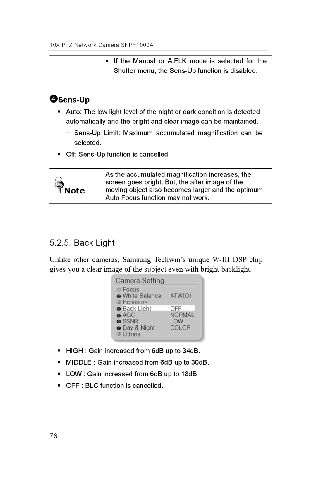 Samsung SNP-1000A user manual Back Light, ➍Sens-Up 