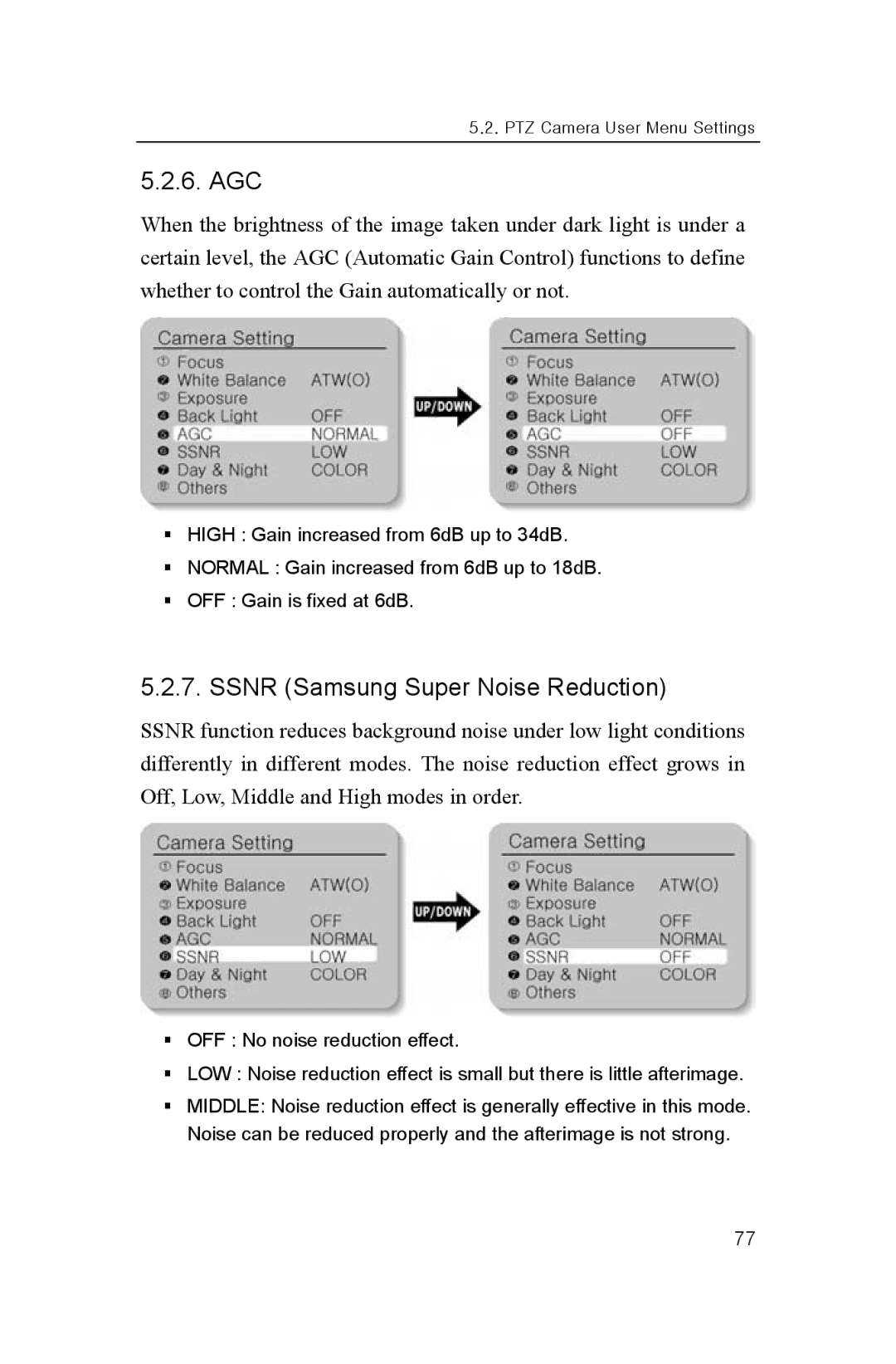 Samsung SNP-1000A user manual Agc, Ssnr Samsung Super Noise Reduction 