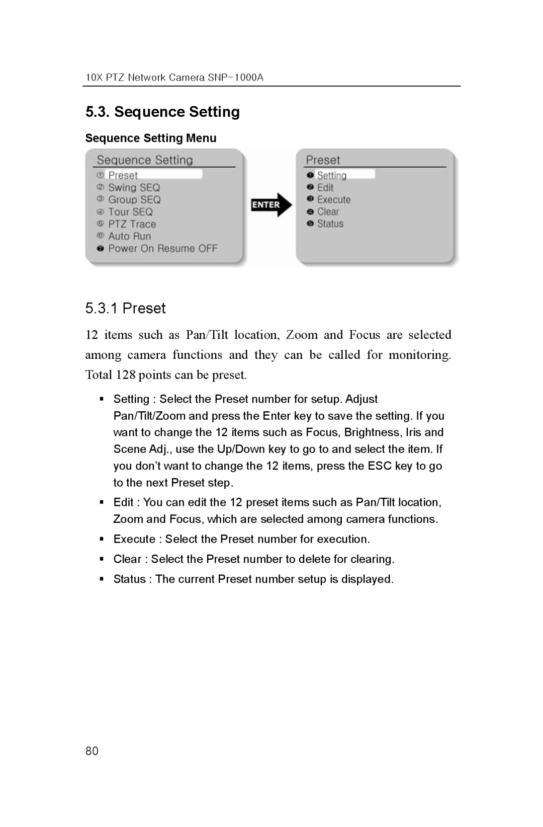 Samsung SNP-1000A user manual Preset, Sequence Setting Menu 