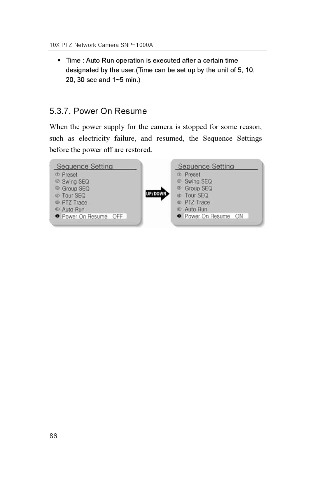 Samsung SNP-1000A user manual Power On Resume 