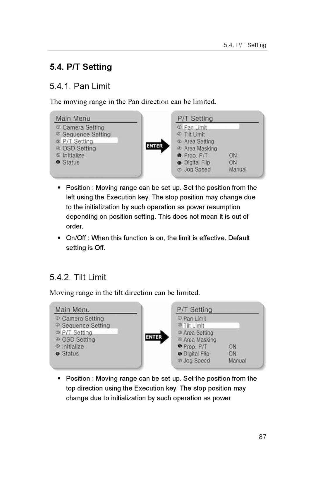 Samsung SNP-1000A user manual P/T Setting, Pan Limit, Tilt Limit 