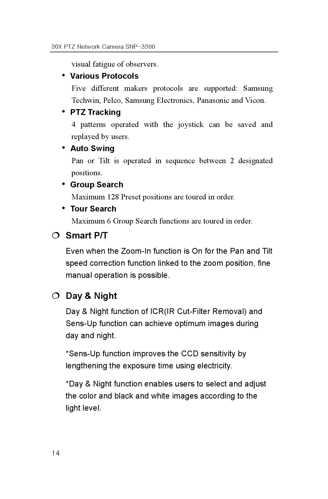 Samsung SNP-3300 user manual € Smart P/T, € Day & Night 