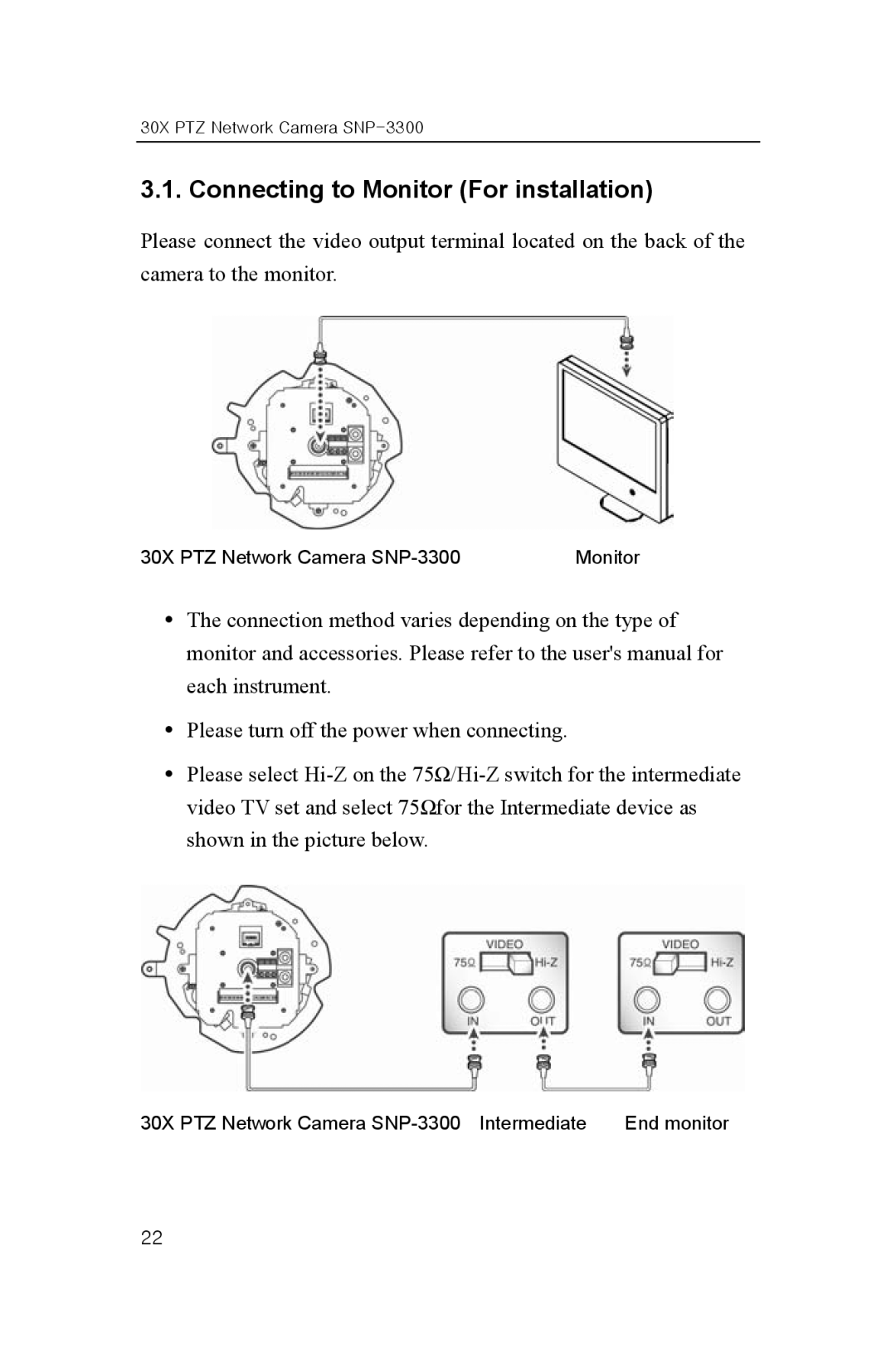 Samsung SNP-3300 user manual Connecting to Monitor For installation 