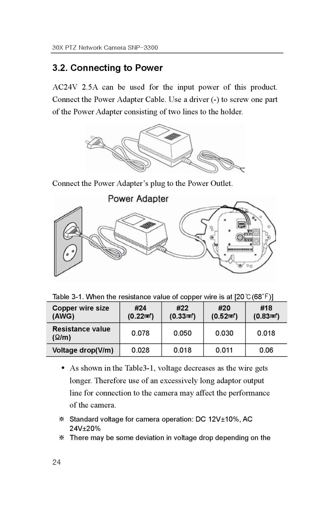 Samsung SNP-3300 user manual Connecting to Power, Copper wire size #24 #22 #20 #18 