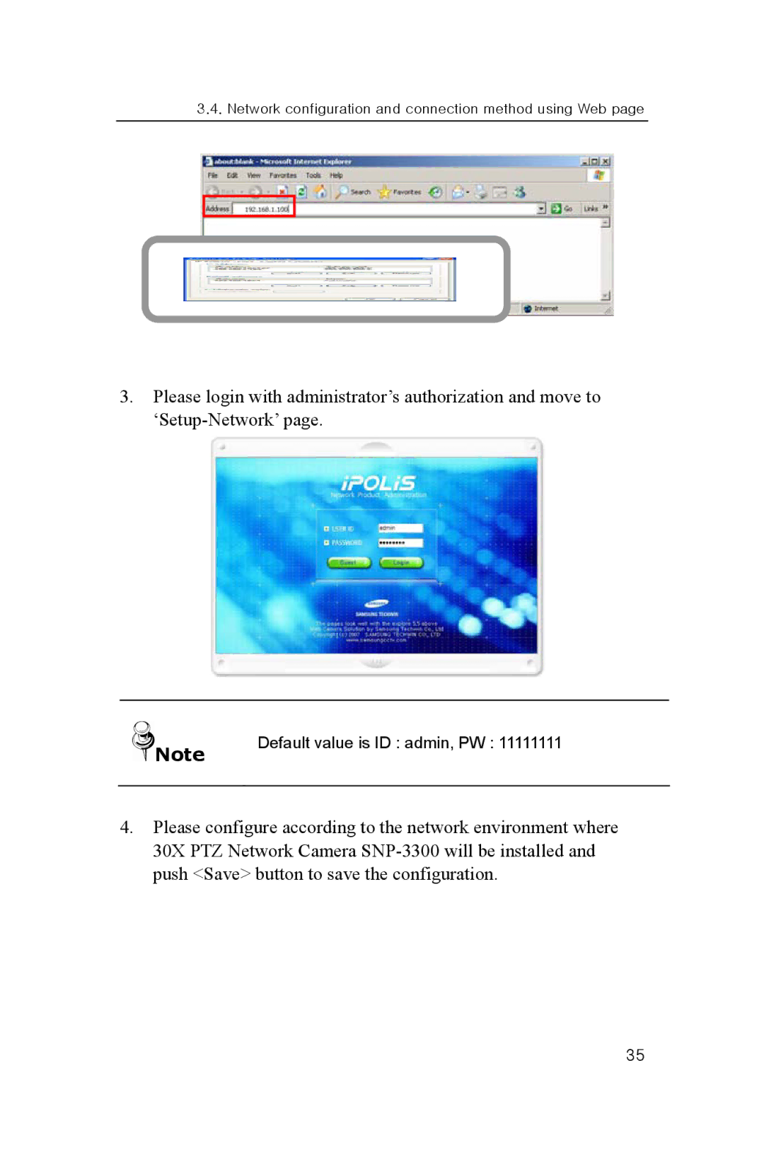 Samsung SNP-3300 user manual Default value is ID admin, PW 