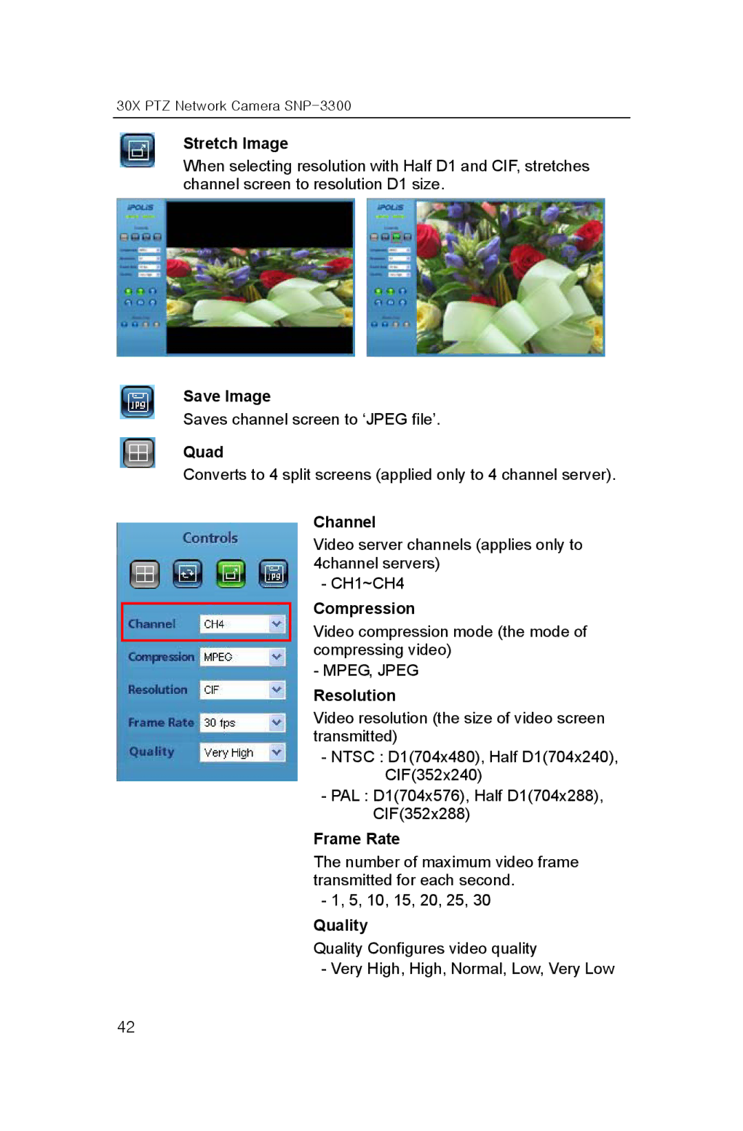 Samsung SNP-3300 user manual Stretch Image, Save Image, Quad, Channel, Compression, Resolution, Frame Rate, Quality 