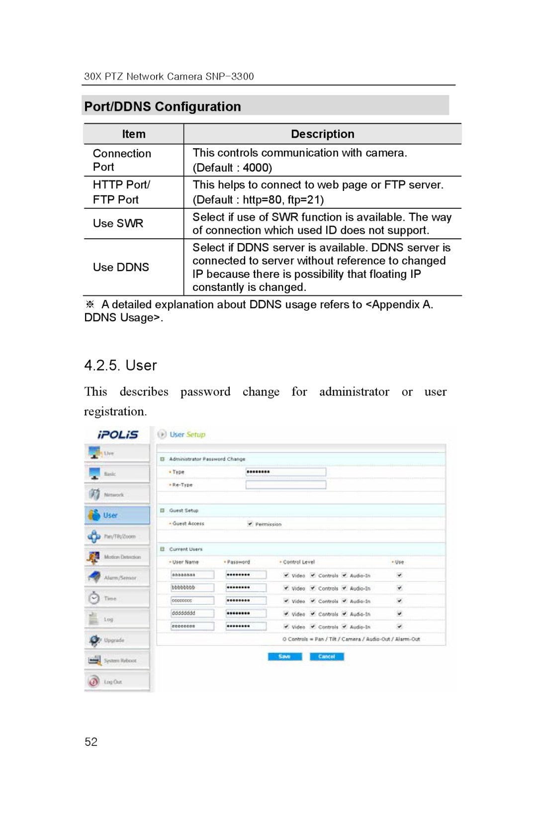 Samsung SNP-3300 user manual User, Port/DDNS Configuration 