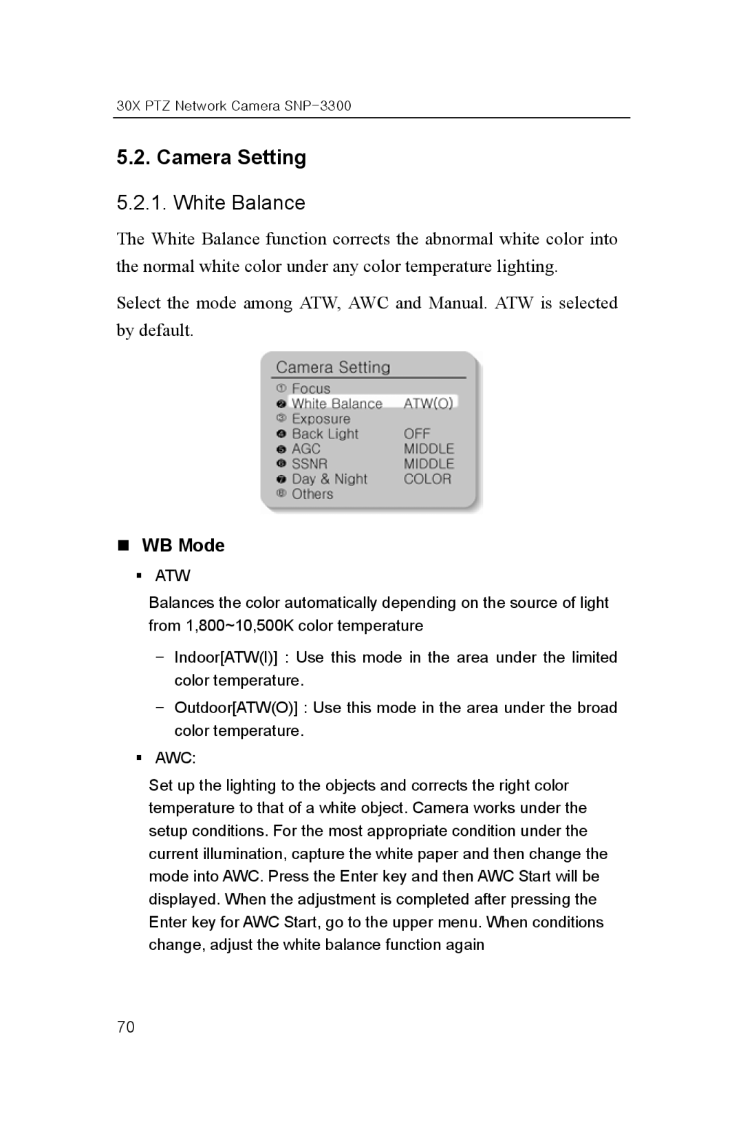 Samsung SNP-3300 user manual Camera Setting, White Balance, „ WB Mode 