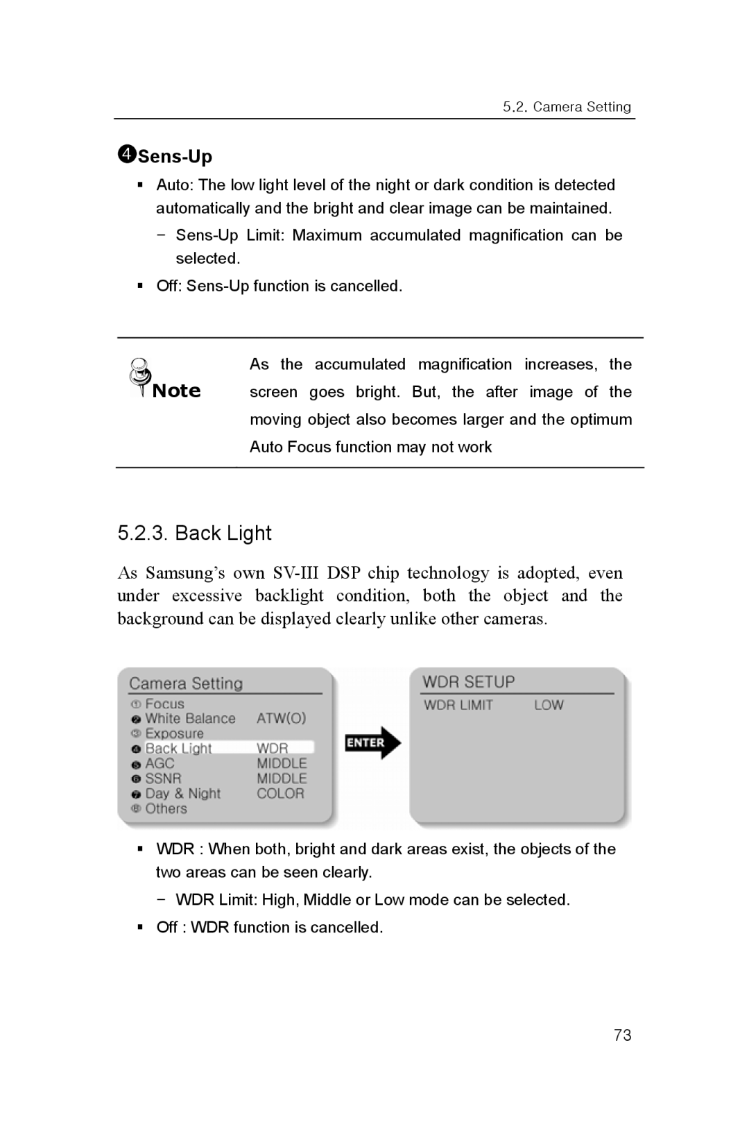 Samsung SNP-3300 user manual Back Light, ➍Sens-Up 