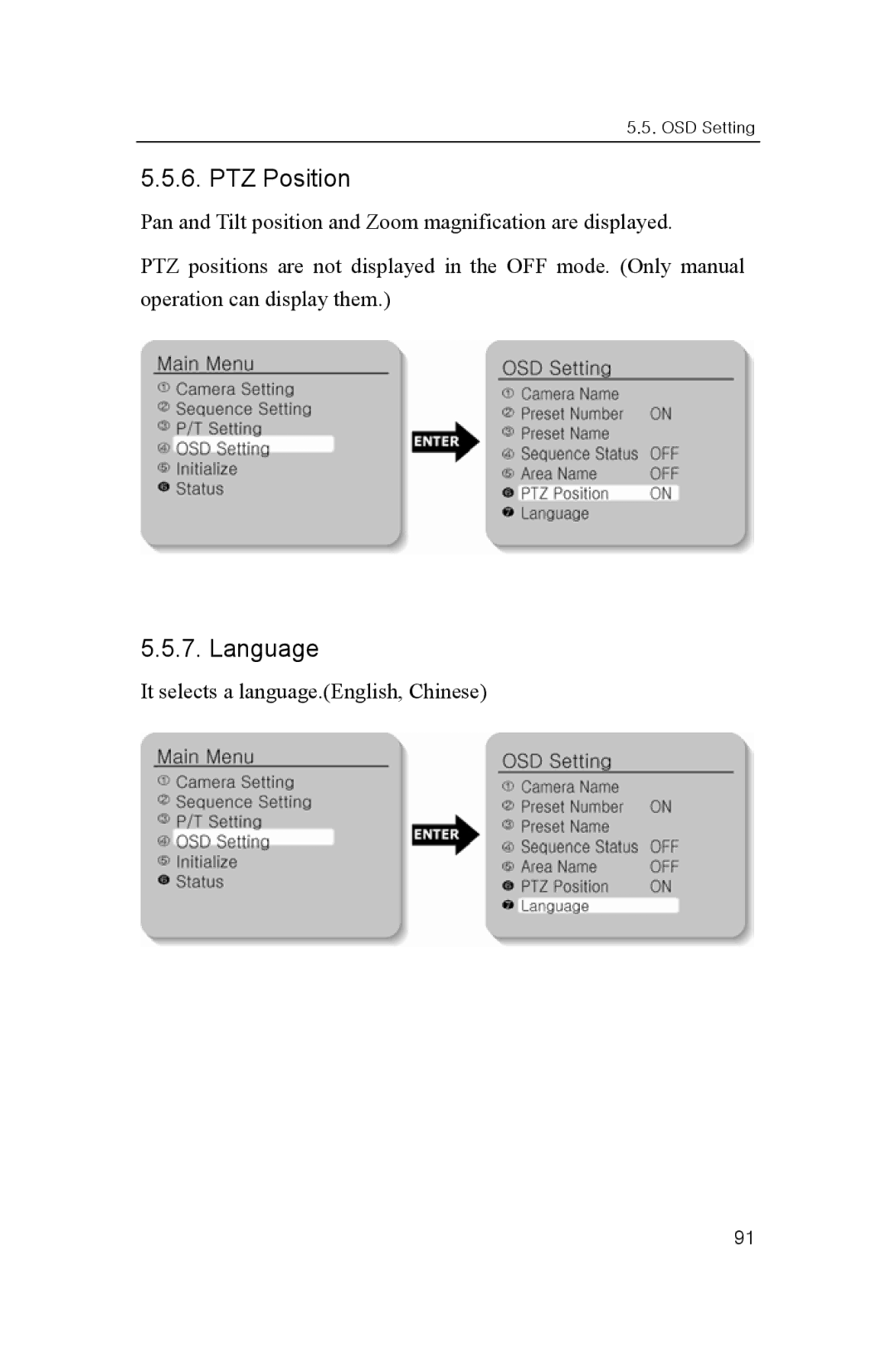 Samsung SNP-3300 user manual PTZ Position, Language 