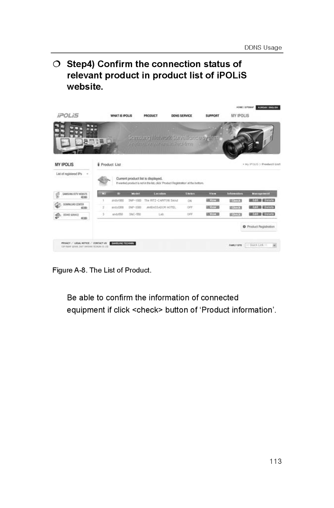 Samsung SNP-3300A user manual Figure A-8. The List of Product 