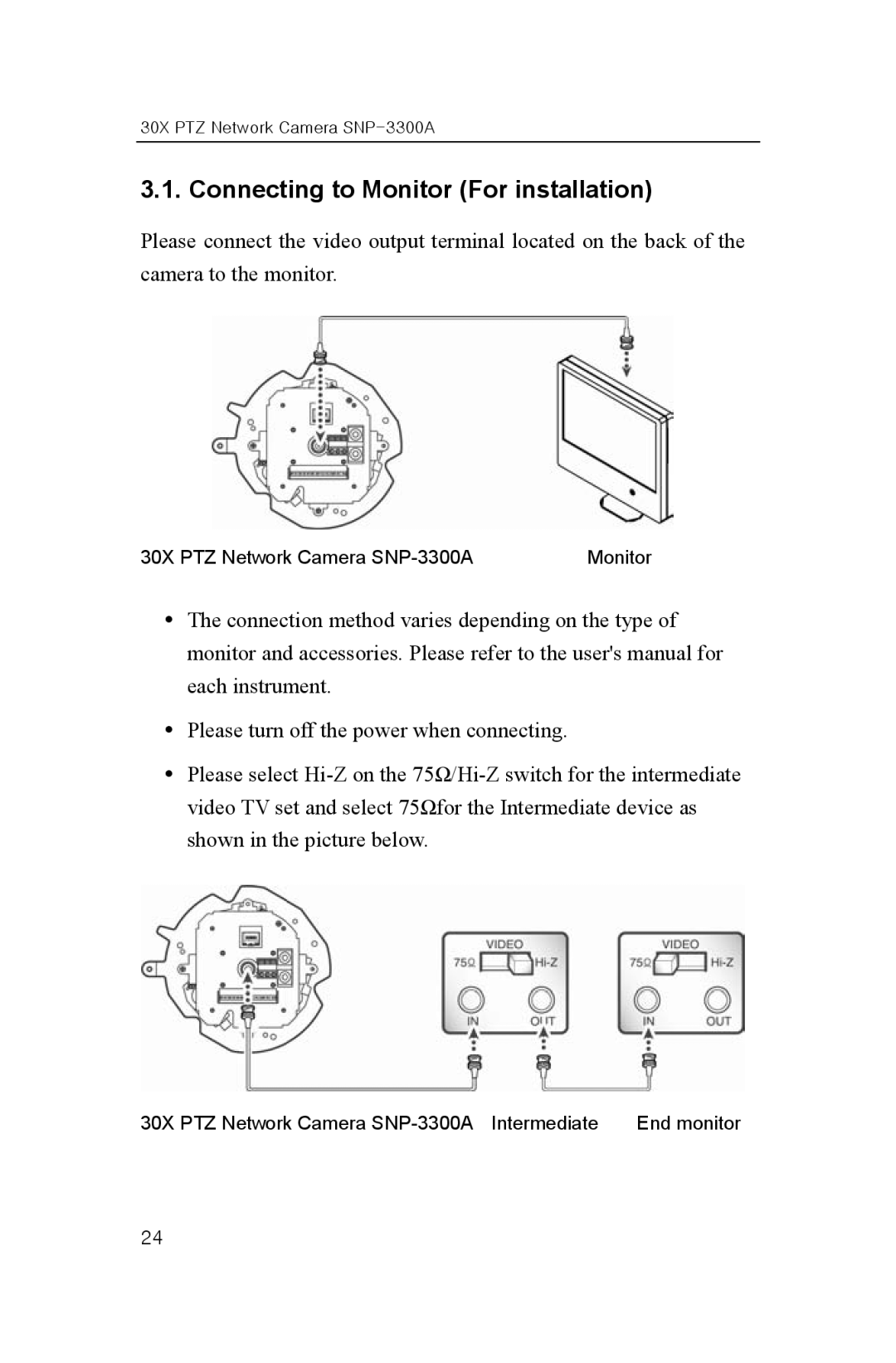 Samsung SNP-3300A user manual Connecting to Monitor For installation 