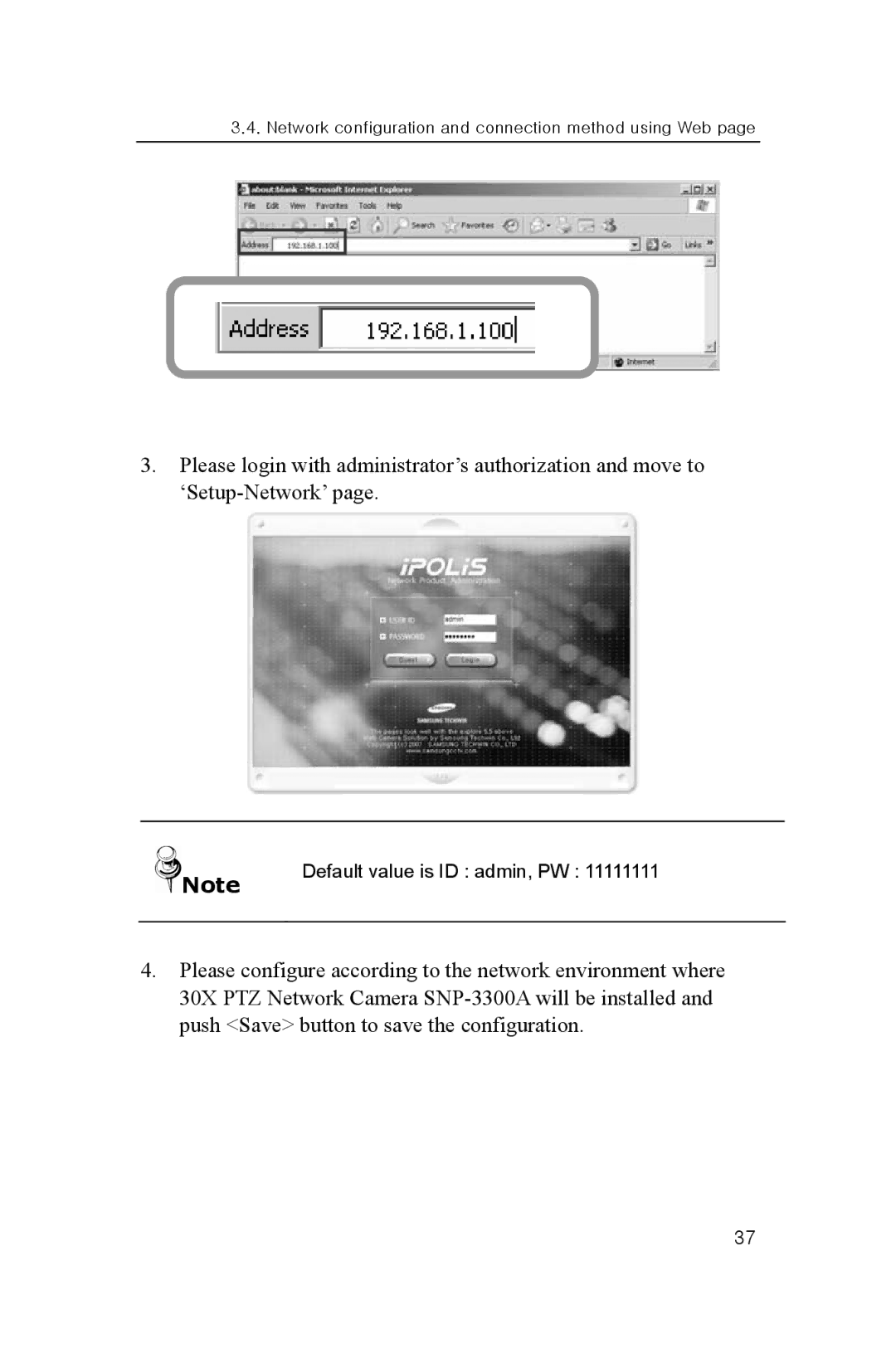 Samsung SNP-3300A user manual Default value is ID admin, PW 