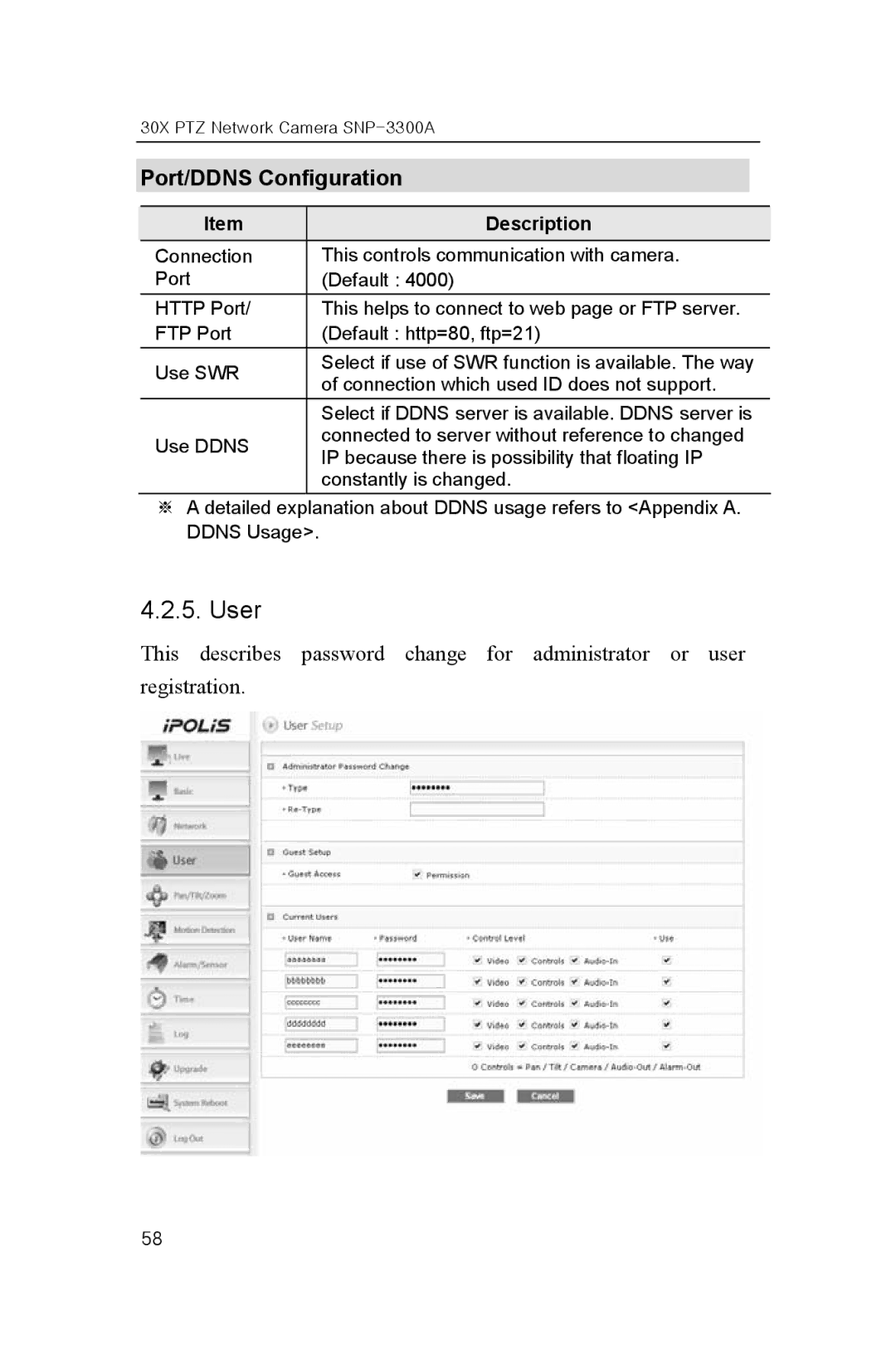 Samsung SNP-3300A user manual User, Port/DDNS Configuration 