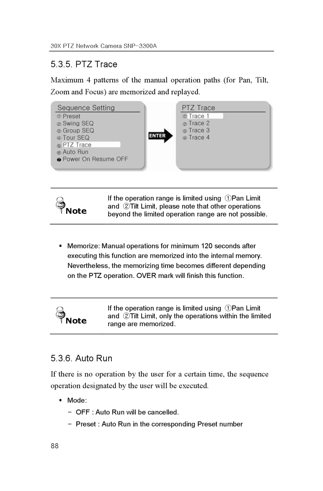 Samsung SNP-3300A user manual PTZ Trace, Auto Run 