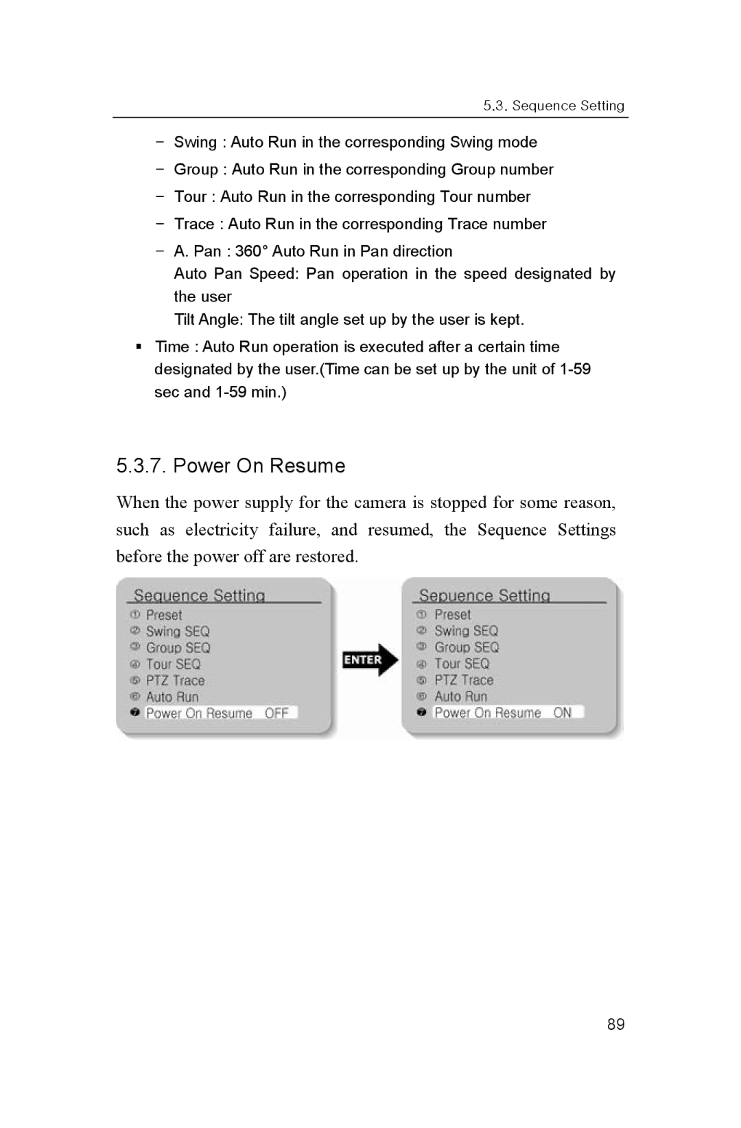 Samsung SNP-3300A user manual Power On Resume 