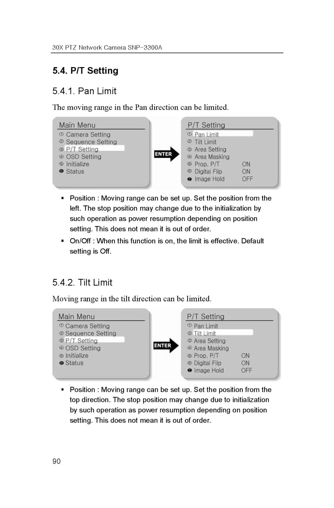 Samsung SNP-3300A user manual P/T Setting, Pan Limit, Tilt Limit 