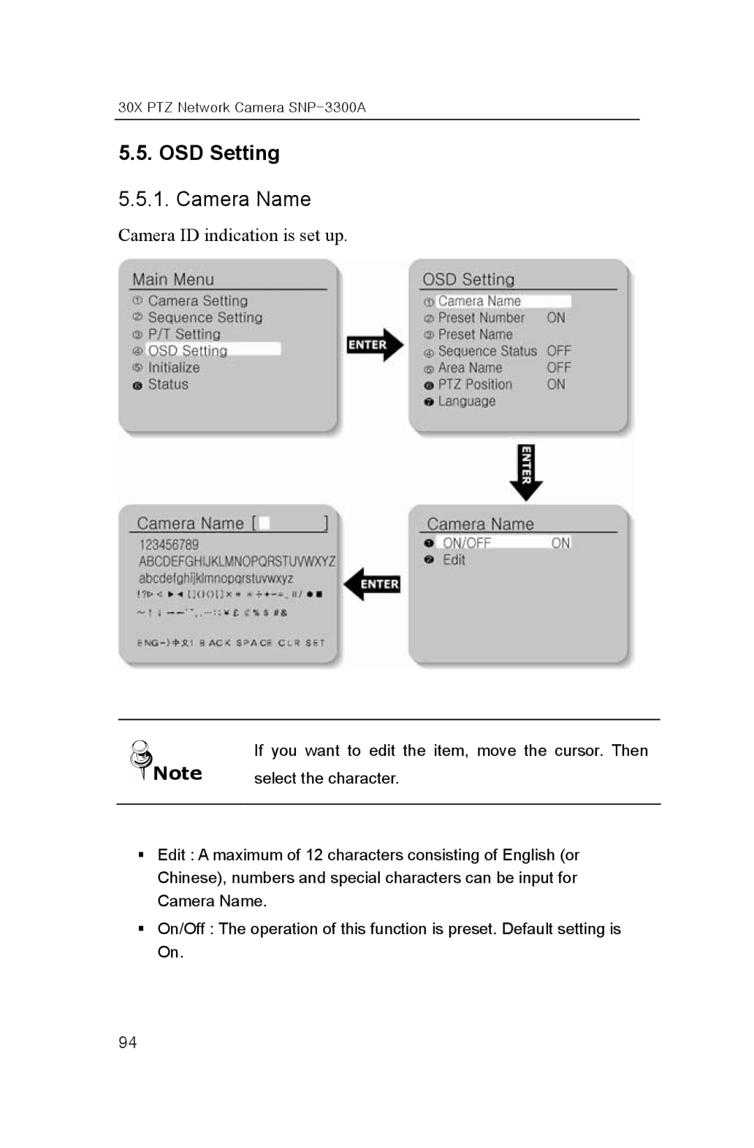 Samsung SNP-3300A user manual OSD Setting, Camera Name 