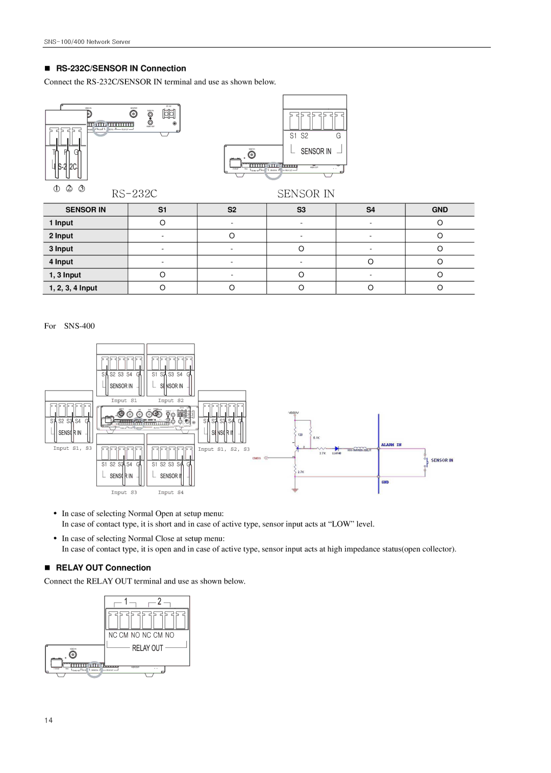 Samsung SNS-100/400 manual „ RS-232C/SENSOR in Connection, „ Relay OUT Connection, Input 3, 4 Input 