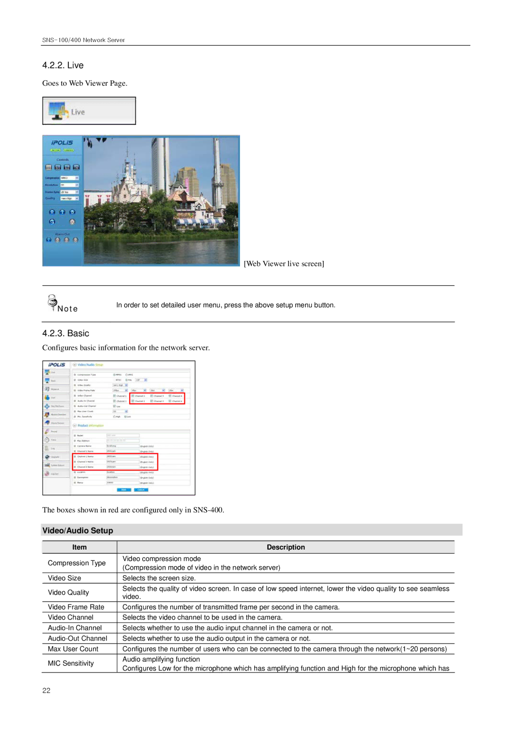 Samsung SNS-100/400 manual Live, Basic, Video/Audio Setup 