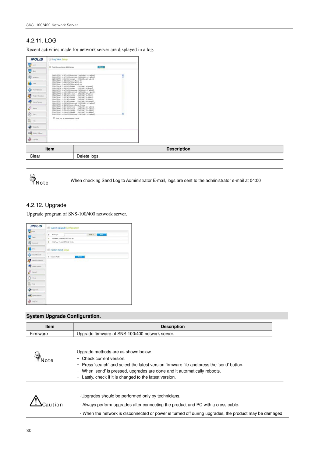 Samsung SNS-100/400 manual Log, System Upgrade Configuration 