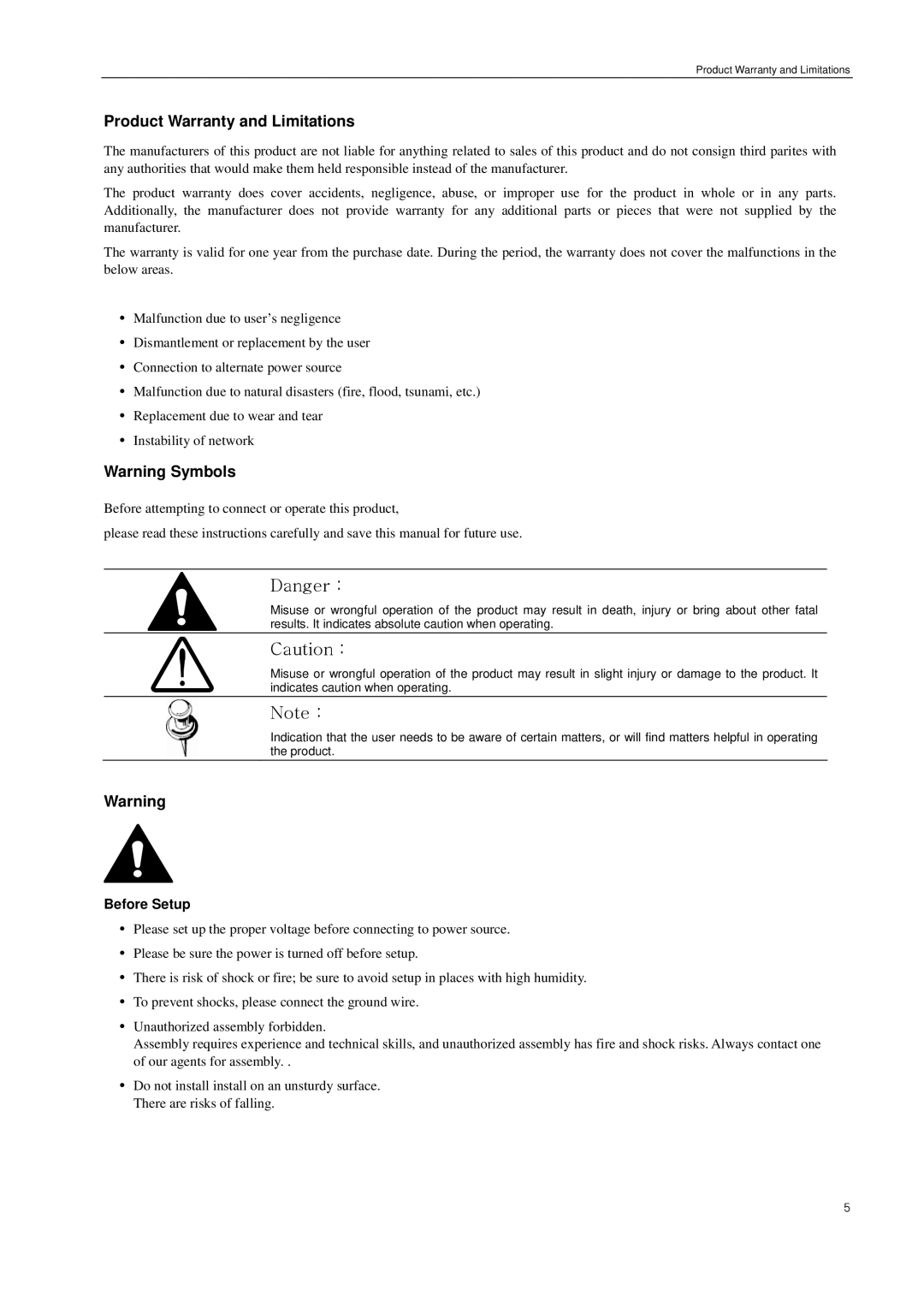 Samsung SNS-100/400 manual Product Warranty and Limitations, Before Setup 