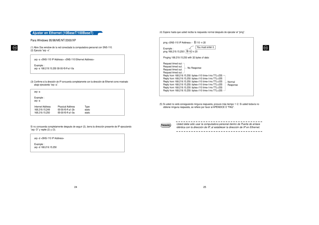 Samsung SNS-110P manual Ajustar en Ethernet 10BaseT/100BaseT, Para Windows 95/98/ME/NT/2000/XP 