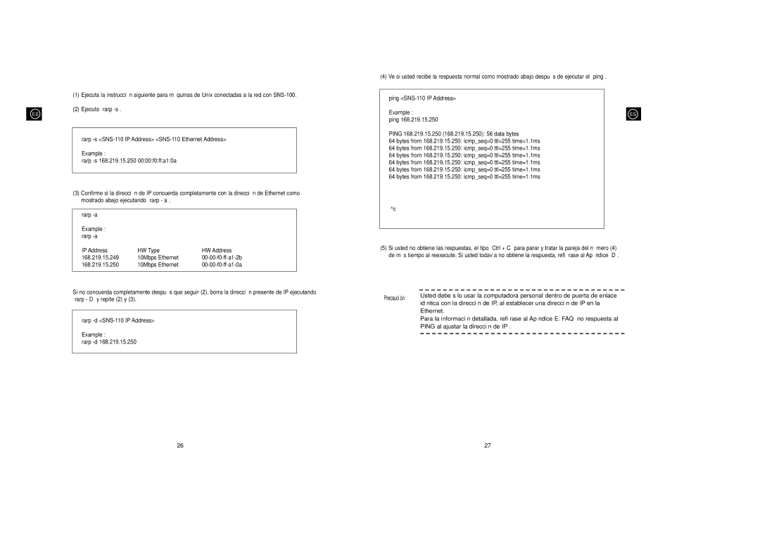 Samsung SNS-110P manual Ajustar en Unix, Ethernet, Ping al ajustar la dirección de IP 