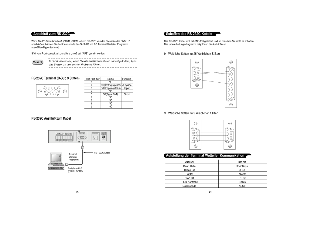 Samsung SNS-110P manual Anschluß zum RS-232C, Schaffen des RS-232C Kabels, Aufstellung der Terminal Wetteifer Kommunikation 