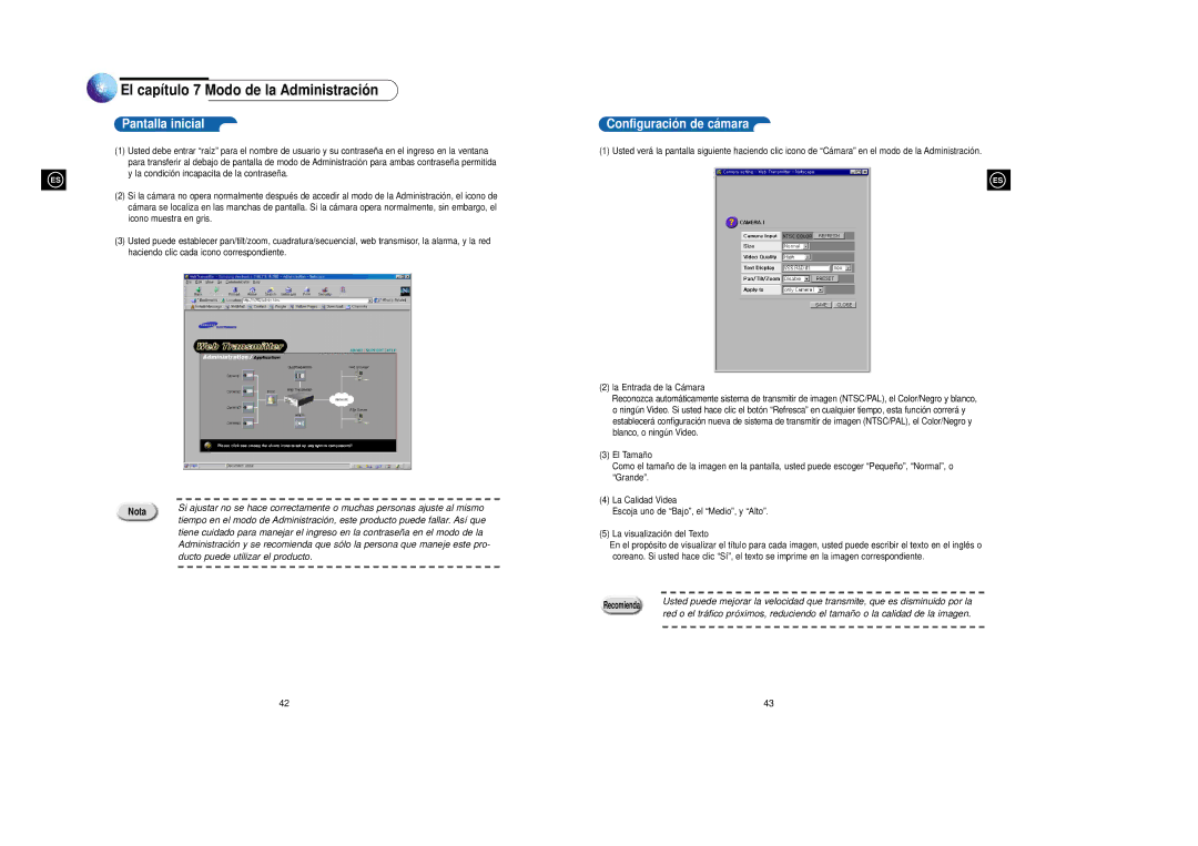 Samsung SNS-110P manual El capítulo 7 Modo de la Administració n, Pantalla inicial, Configuració n de cá mara 