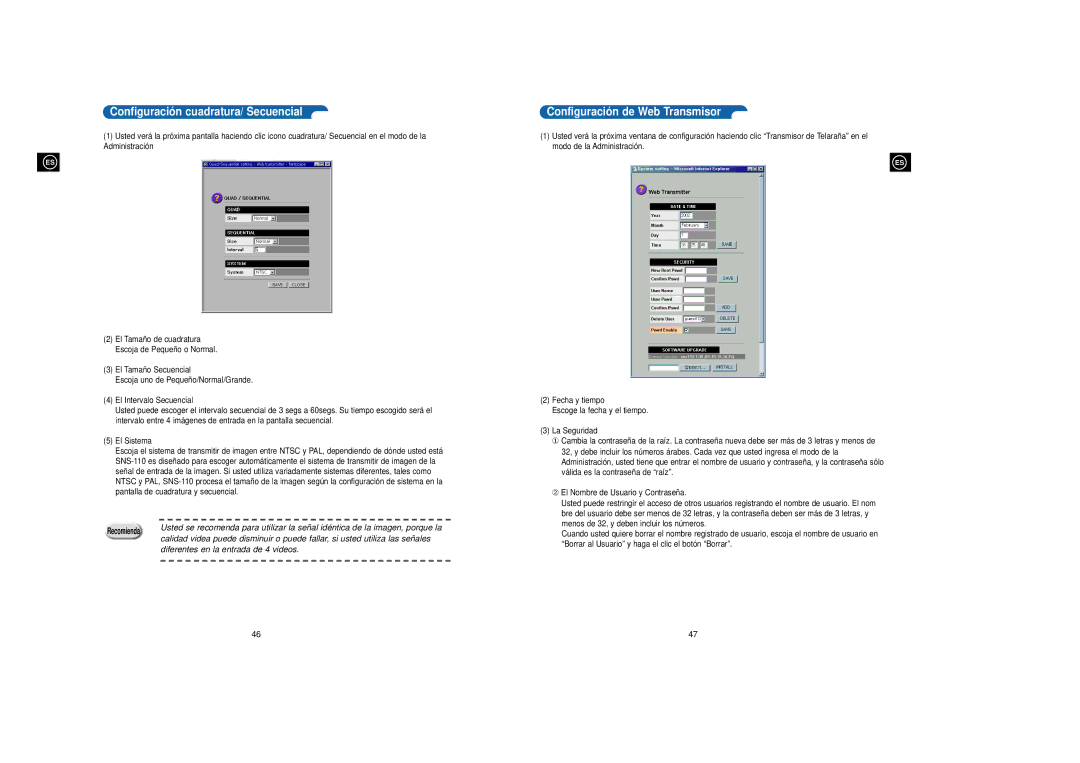 Samsung SNS-110P manual Configuració n cuadratura/ Secuencial, Configuració n de Web Transmisor 