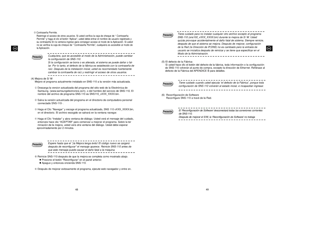 Samsung SNS-110P manual La configuración de SNS-110, Que este mensaje puede causar el daño fatal a la máquina, De SNS-110 