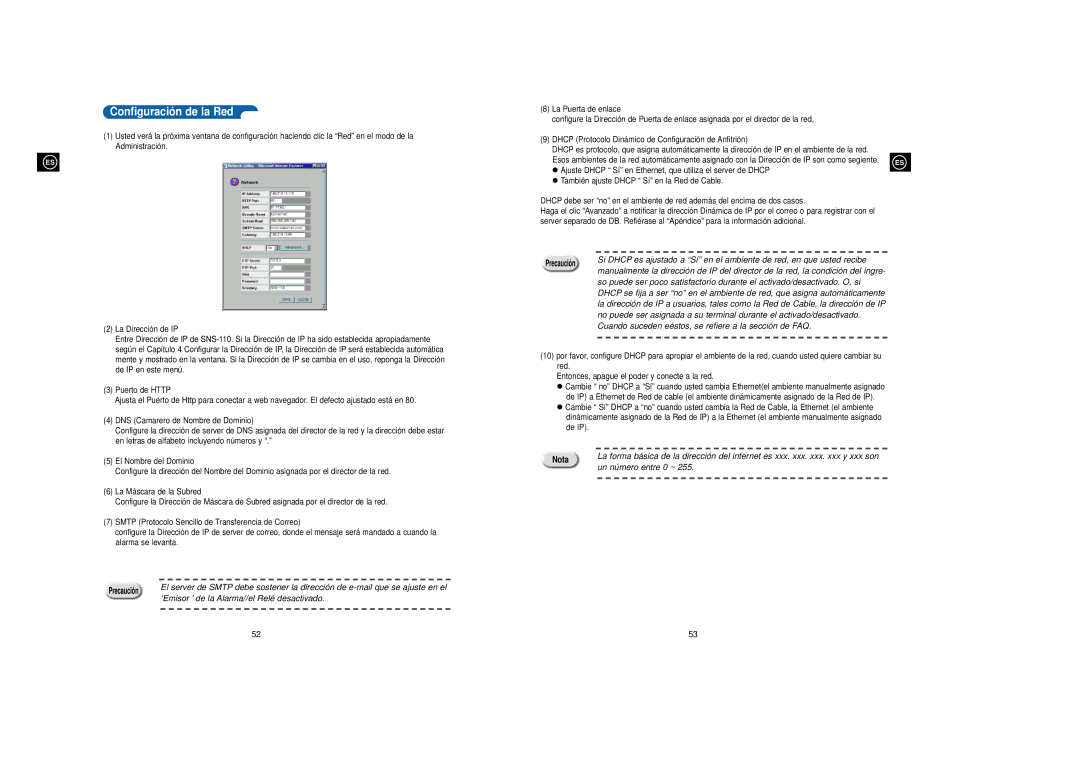 Samsung SNS-110P manual Configuració n de la Red, ‘Emisor ’ de la Alarma//el Relé desactivado 