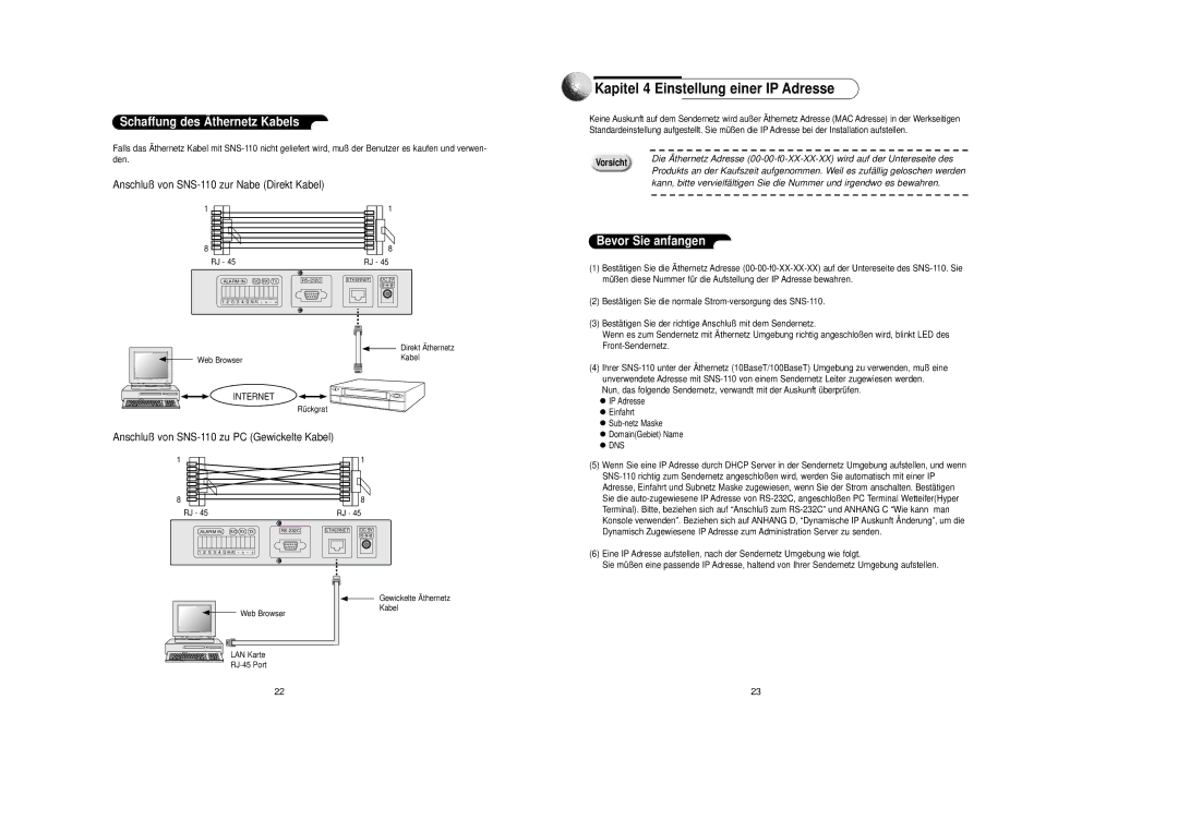 Samsung SNS-110P manual Kapitel 4 Einstellung einer IP Adresse, Schaffung des Ä thernetz Kabels, Bevor Sie anfangen 