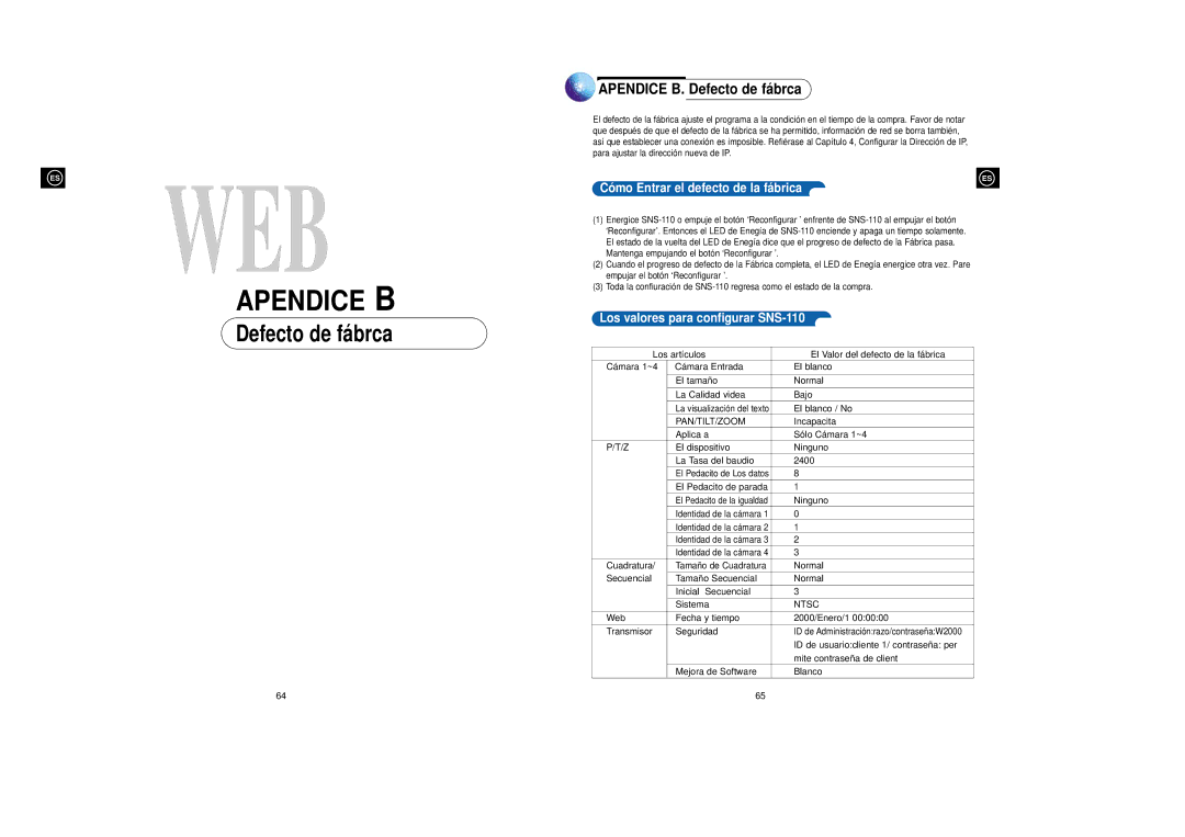 Samsung SNS-110P manual Apendice B. Defecto de fá brca, Có mo Entrar el defecto de la fá brica 