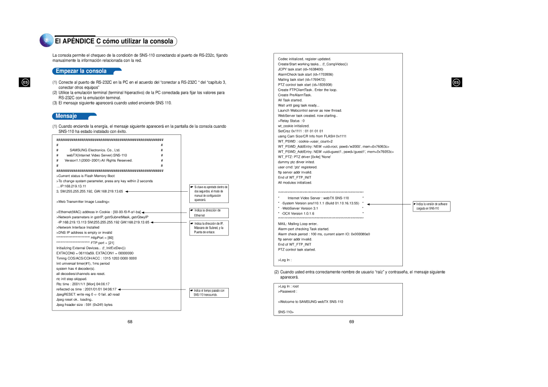 Samsung SNS-110P manual El APÉ Ndice C có mo utilizar la consola, Empezar la consola, Mensaje 